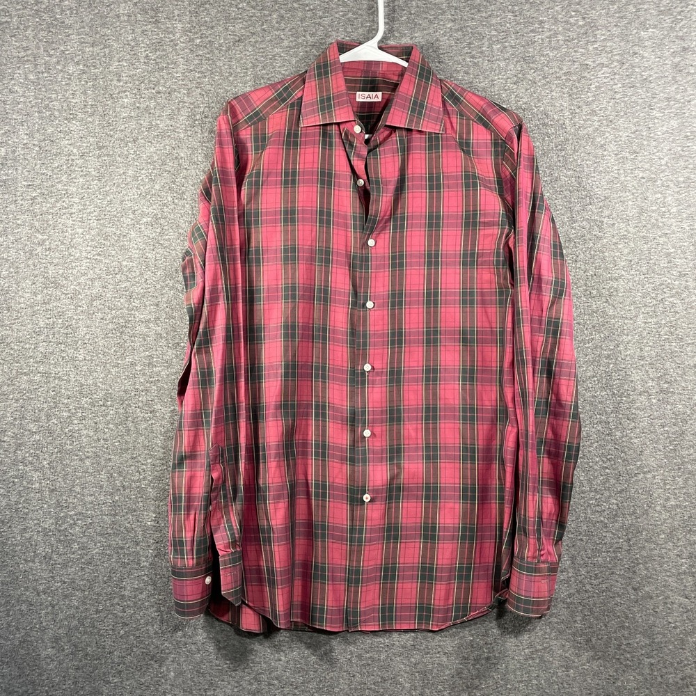 Isaia Napoli Mens Red Plaid Button-Up Shirt 15.75/40 Long Sleeve Italy 15 3/4